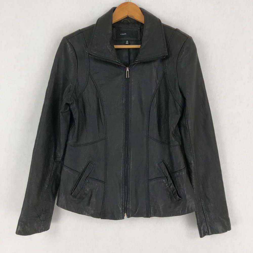 Avanti Women's Size Medium Black Genuine Leather Full Zip Collared Moto Jacket